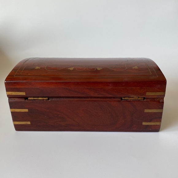 Vintage Jewelry Box Wood with Inlaid Brass Decor - Picture 9 of 10
